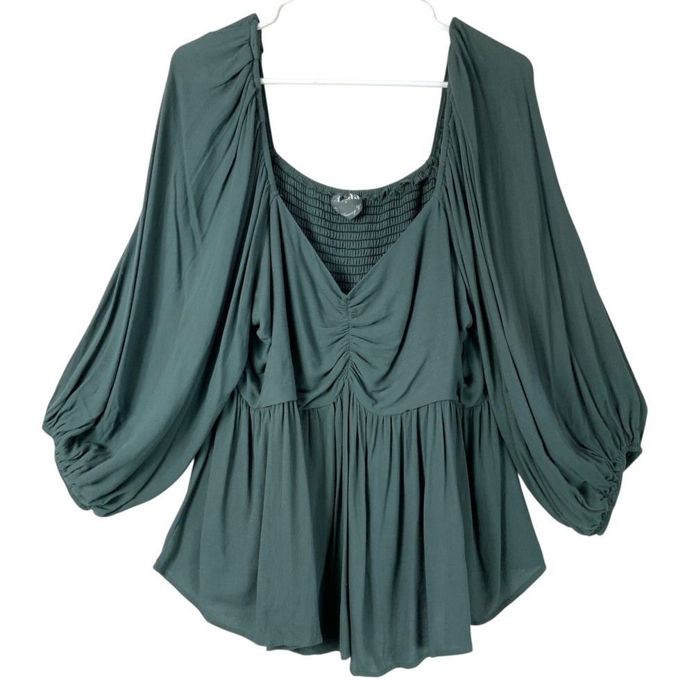 Arula Dark Green Babydoll Top Size A 1X V-Neck Long Lantern Sleeve Smocked